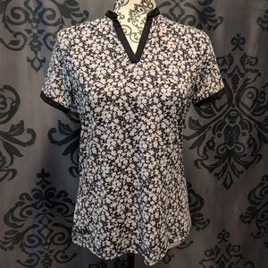 Adidas Black and White Floral V Neck Ringer Polo Athletic Golf Tee
